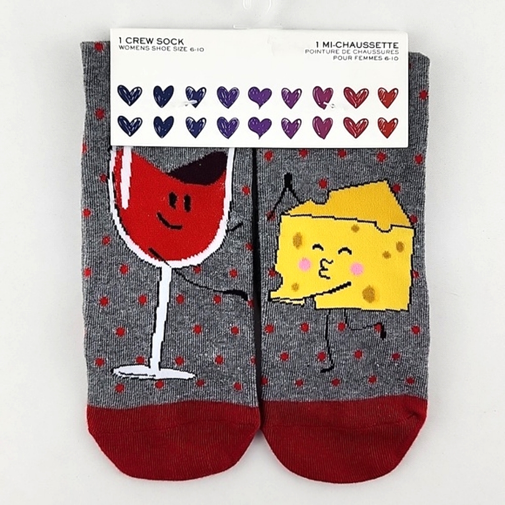 Novelty Women's 1 Pair Crew Socks Wine & Cheese Burgundy Grey Shoe Size 6-10 - Picture 1 of 5